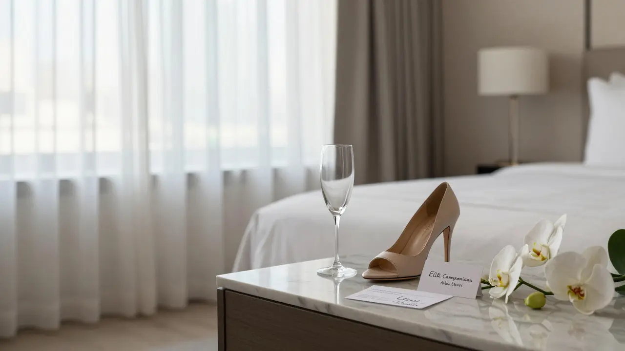 A pristine luxury hotel suite in Abu Dhabi in the morning, with a handwritten note, business card, and orchids on a marble counter, suggesting a respectful encounter.