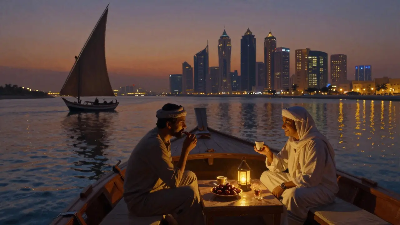 A private dhow cruise at twilight on Dubai Creek, with two figures seated under golden lantern lights.