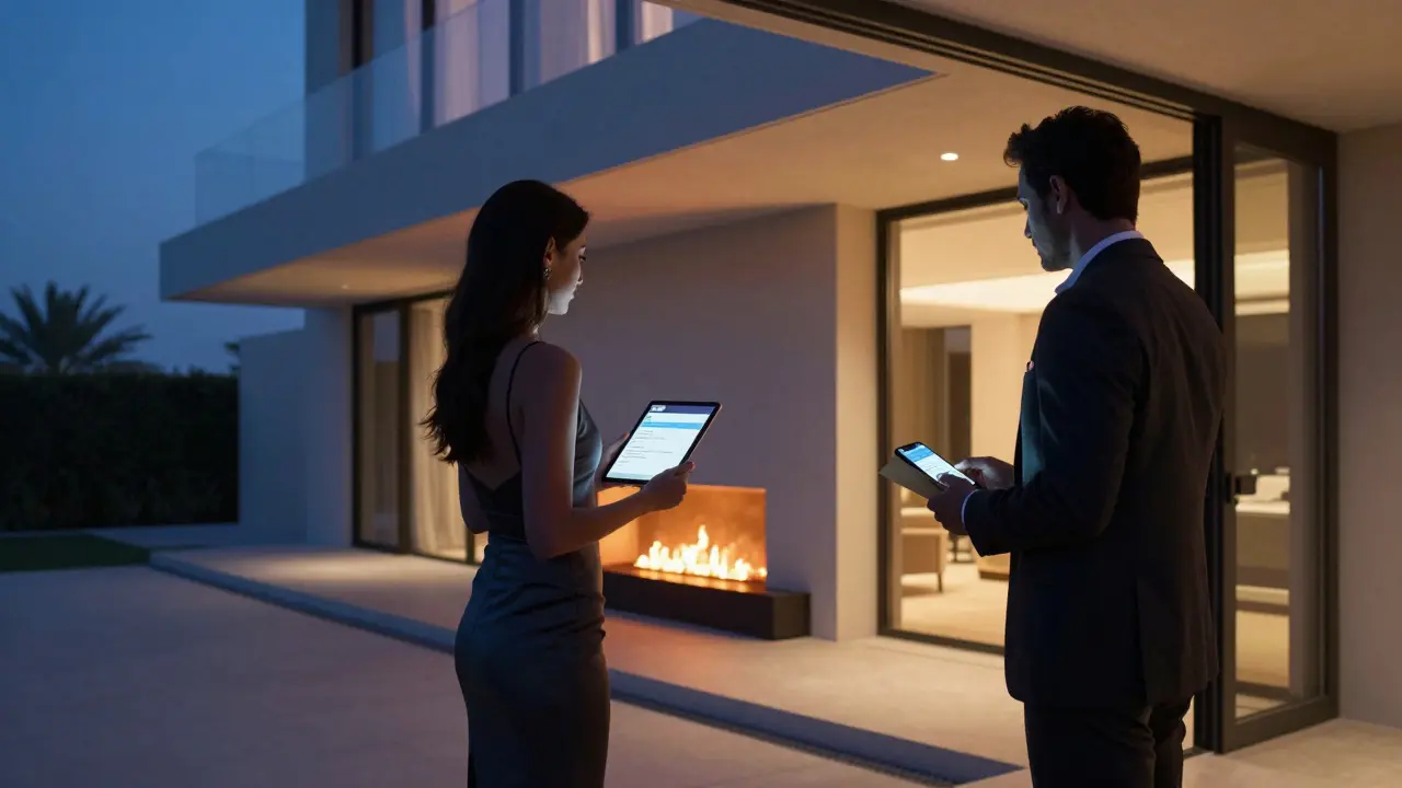 A private villa in Palm Jumeirah at dusk, with a person waiting outside and another inside, both maintaining discretion.