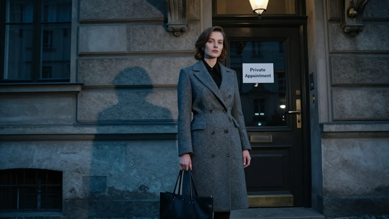 A professional escort standing confidently outside a Berlin apartment building at twilight.