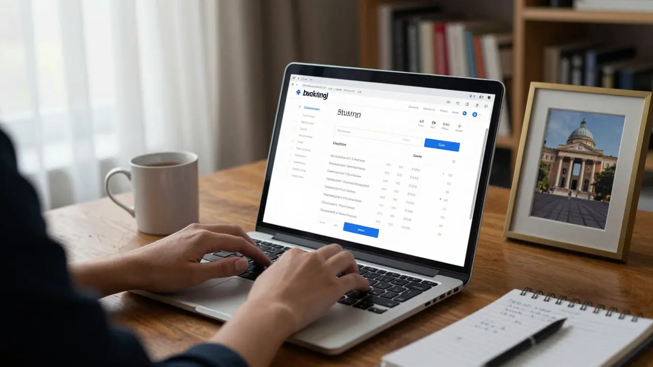 A professional escort typing on a laptop in a cozy apartment with books and morning light.