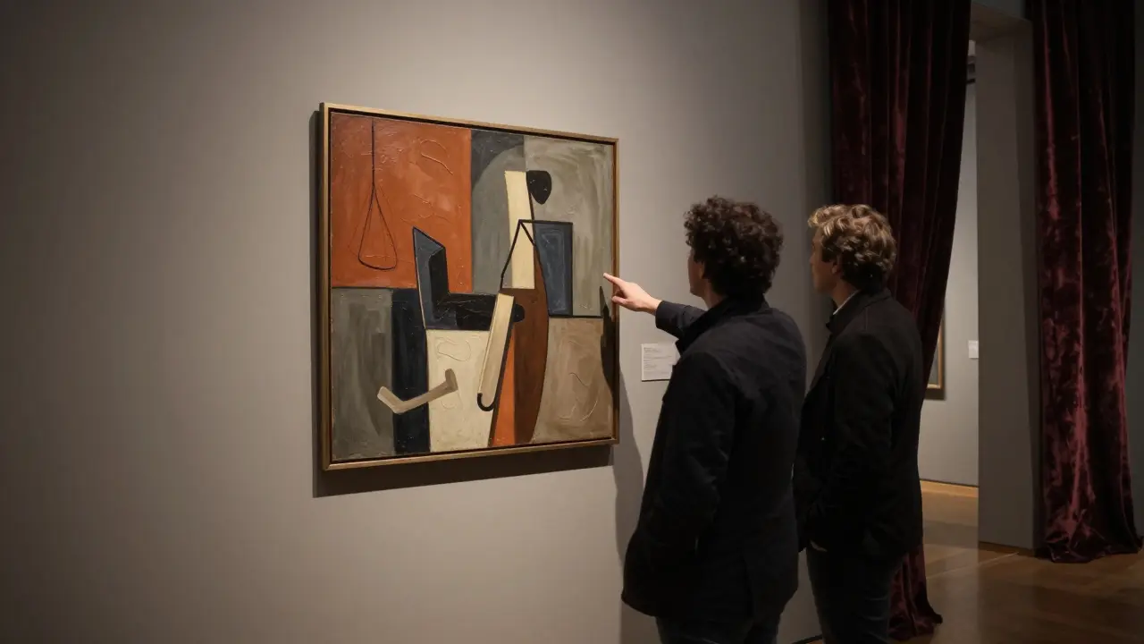 A quiet moment in an art museum, two individuals admiring a painting under soft spotlight, no crowds in sight.