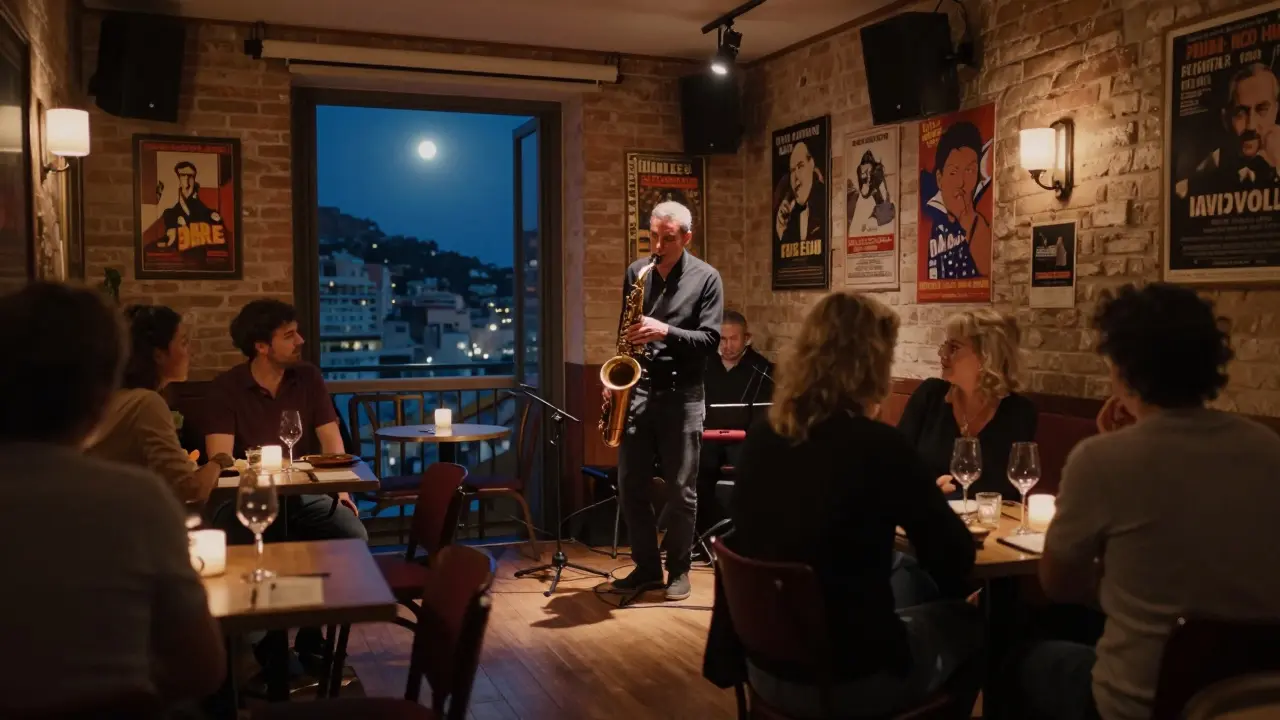 A saxophonist performs in a dimly lit jazz club with wooden floors and patrons enjoying wine in intimate setting.