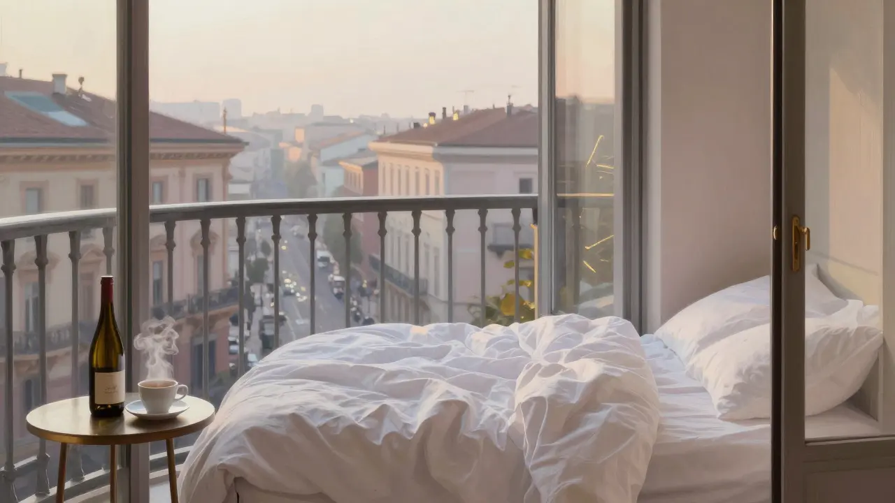 A serene hotel balcony at dawn with coffee and wine, no faces shown, suggesting a private, undisturbed moment.