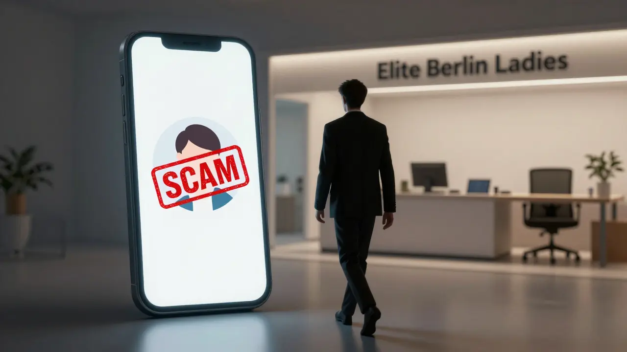 A shadowy figure turning away from a fake dating app profile, while a legitimate escort agency office glows safely in the background.