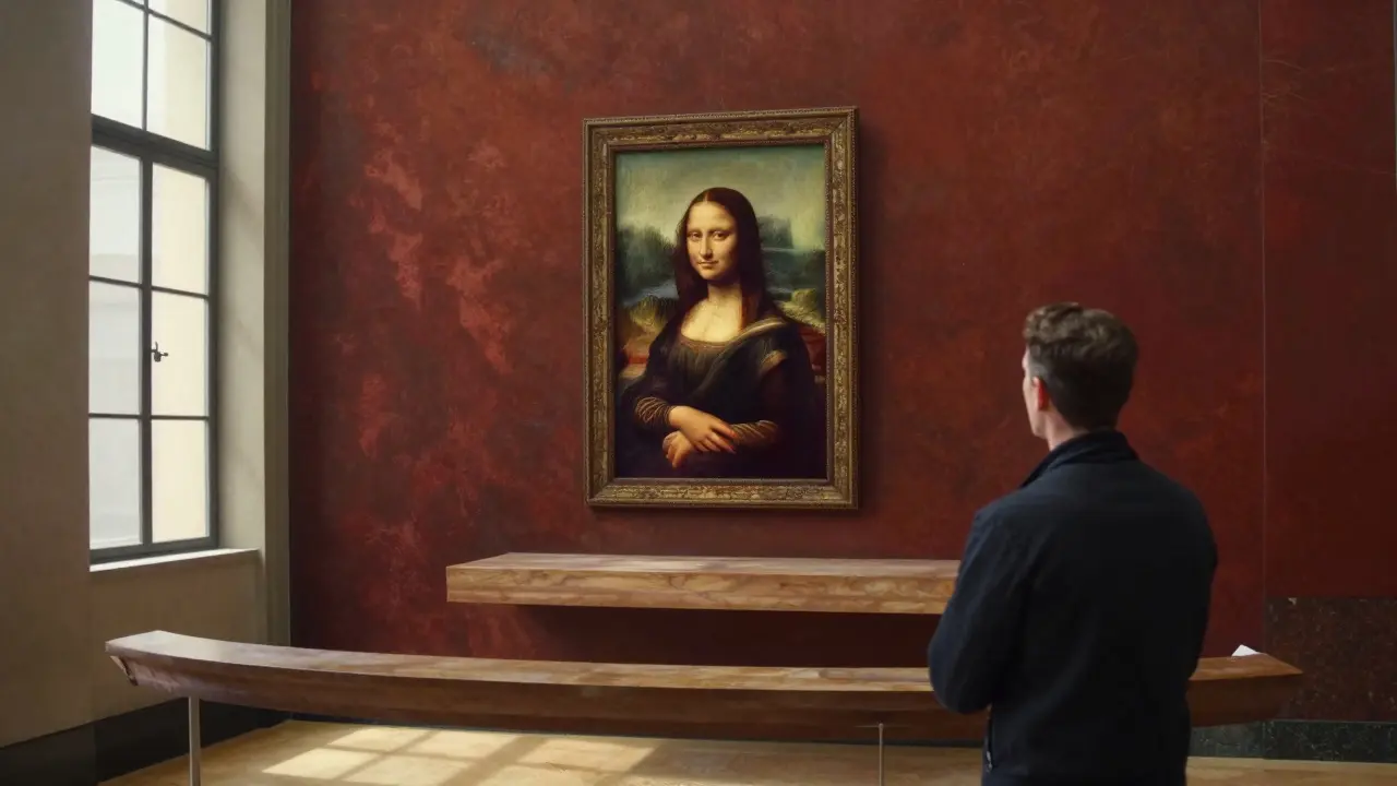 A solitary visitor and companion alone in the Louvre before opening, gazing at the Mona Lisa in peaceful silence.