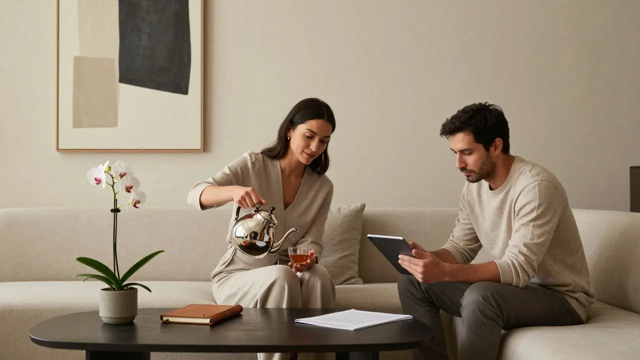A sophisticated woman pouring tea in a minimalist lounge as a man works quietly nearby.