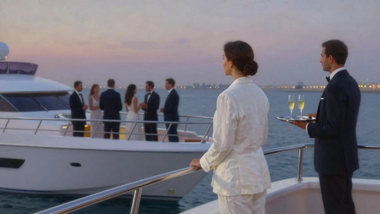 A sophisticated woman stands on a private yacht at dusk, gazing at the horizon as guests mingle softly in the background.