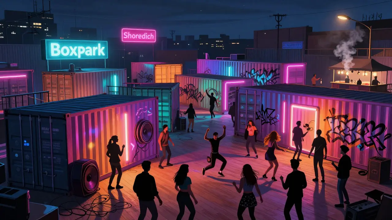 A vibrant night scene at Boxpark Shoreditch with people dancing among glowing shipping containers.