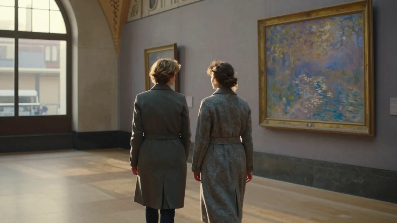 A woman and companion admiring a Monet painting in the empty Musée d'Orsay at dusk.