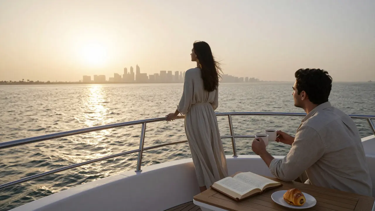 A woman and man on a private yacht at dawn, gazing at Dubai&#039;s skyline as golden light reflects off the water.