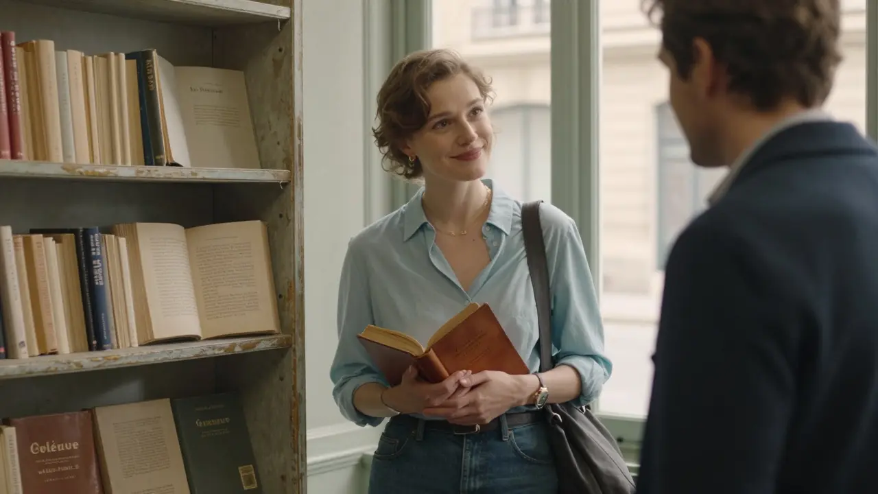 A woman in a silk scarf pointing to a passage in a vintage French book beside a bookstore shelf.