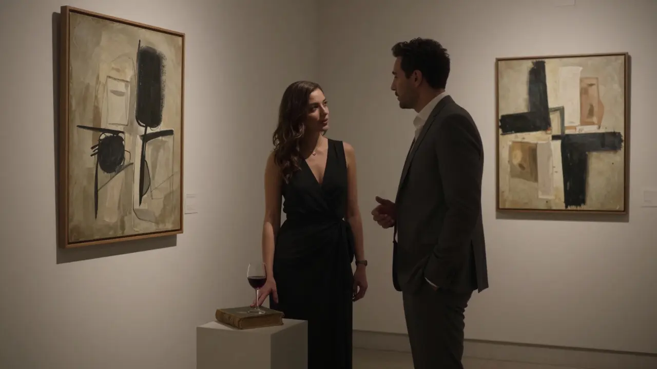 A woman in an elegant dress standing beside art in a private gallery, engaged in thoughtful dialogue.