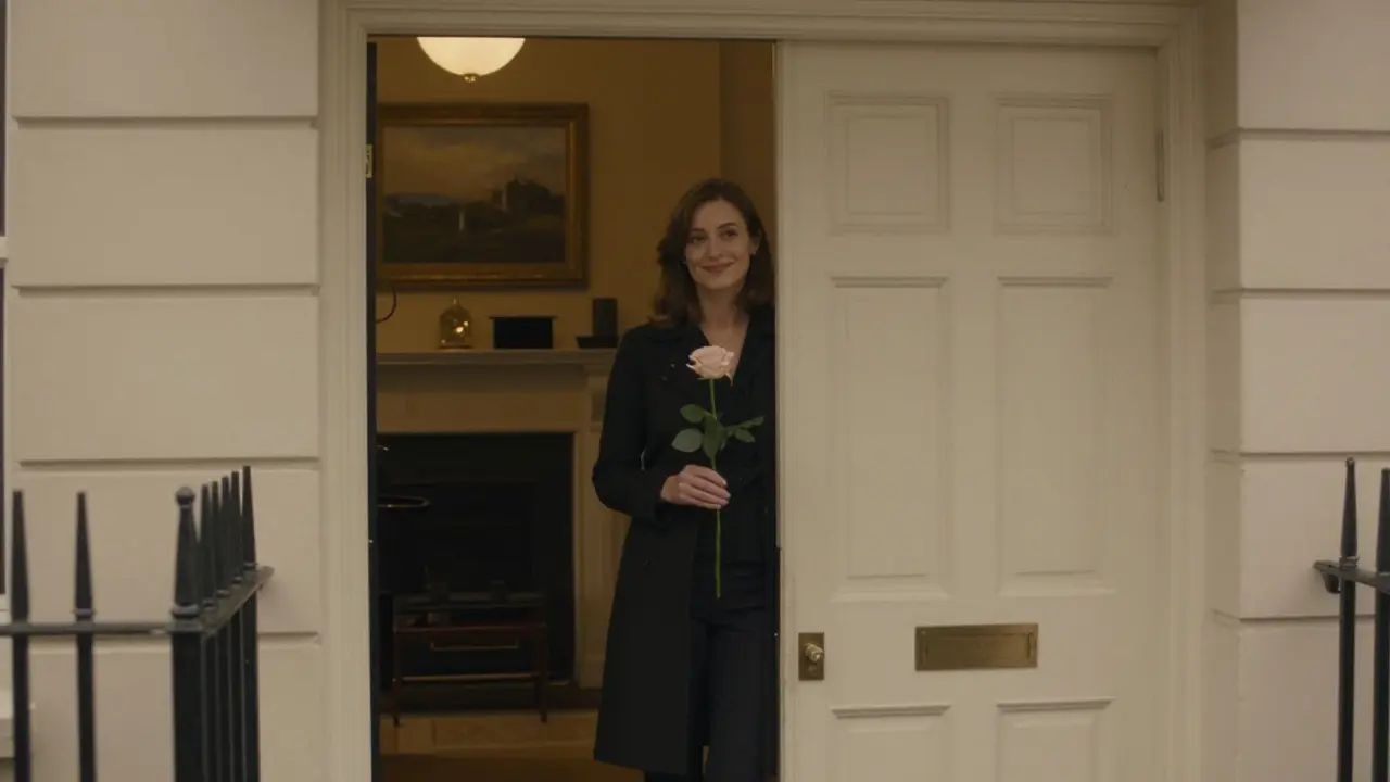 A woman opens a discreet door in Chelsea, holding a rose, revealing a cozy, art-filled interior.