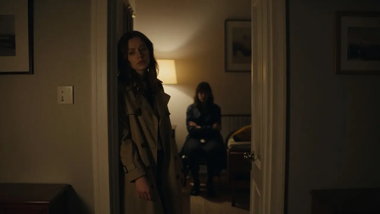 A woman pauses at the threshold of a Berlin apartment at night, hesitating before entering, warmth glowing inside.