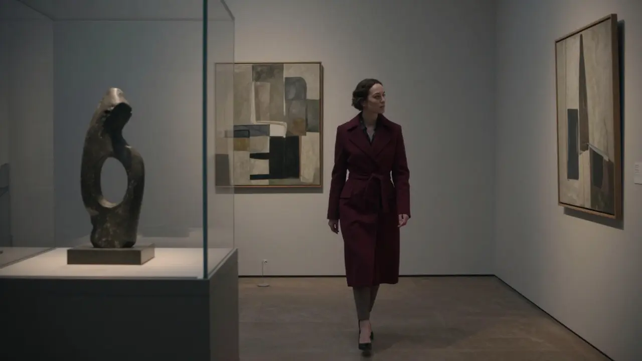 A woman walking alone through a serene art gallery, surrounded by contemporary sculptures and paintings.