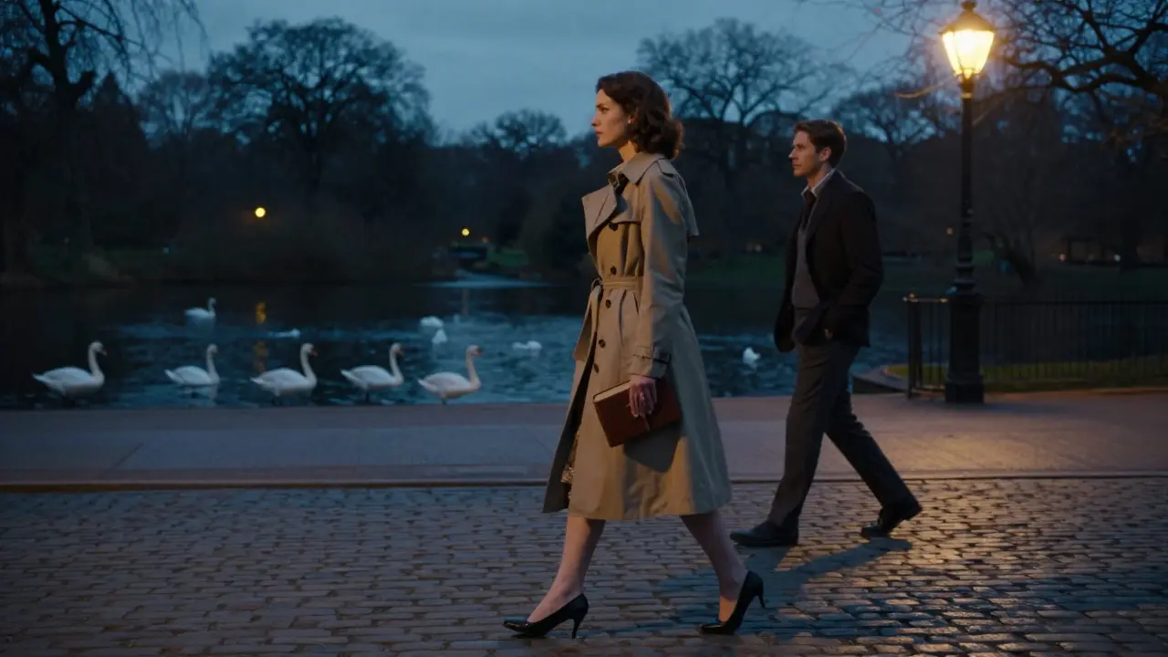 A woman walks through Hyde Park at dusk with a man at a respectful distance, surrounded by twilight and swans.