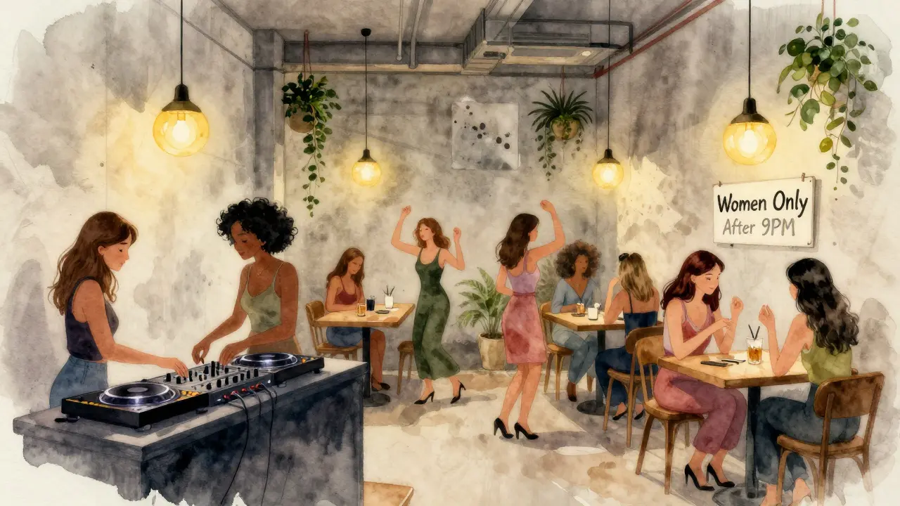 An all-women space in an industrial-chic bar with female DJs and soft lighting, no men present.