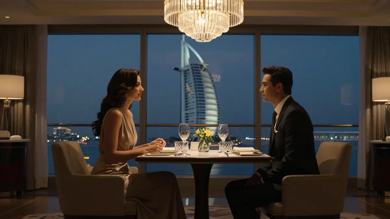 An elegant dinner setting in Burj Al Arab suite, with skyline views and fine dining details.