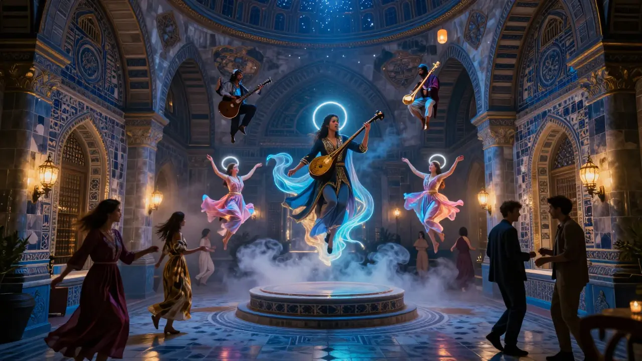 Asitane venue where traditional Turkish musicians and dancers float in a glowing, dreamlike bathhouse.