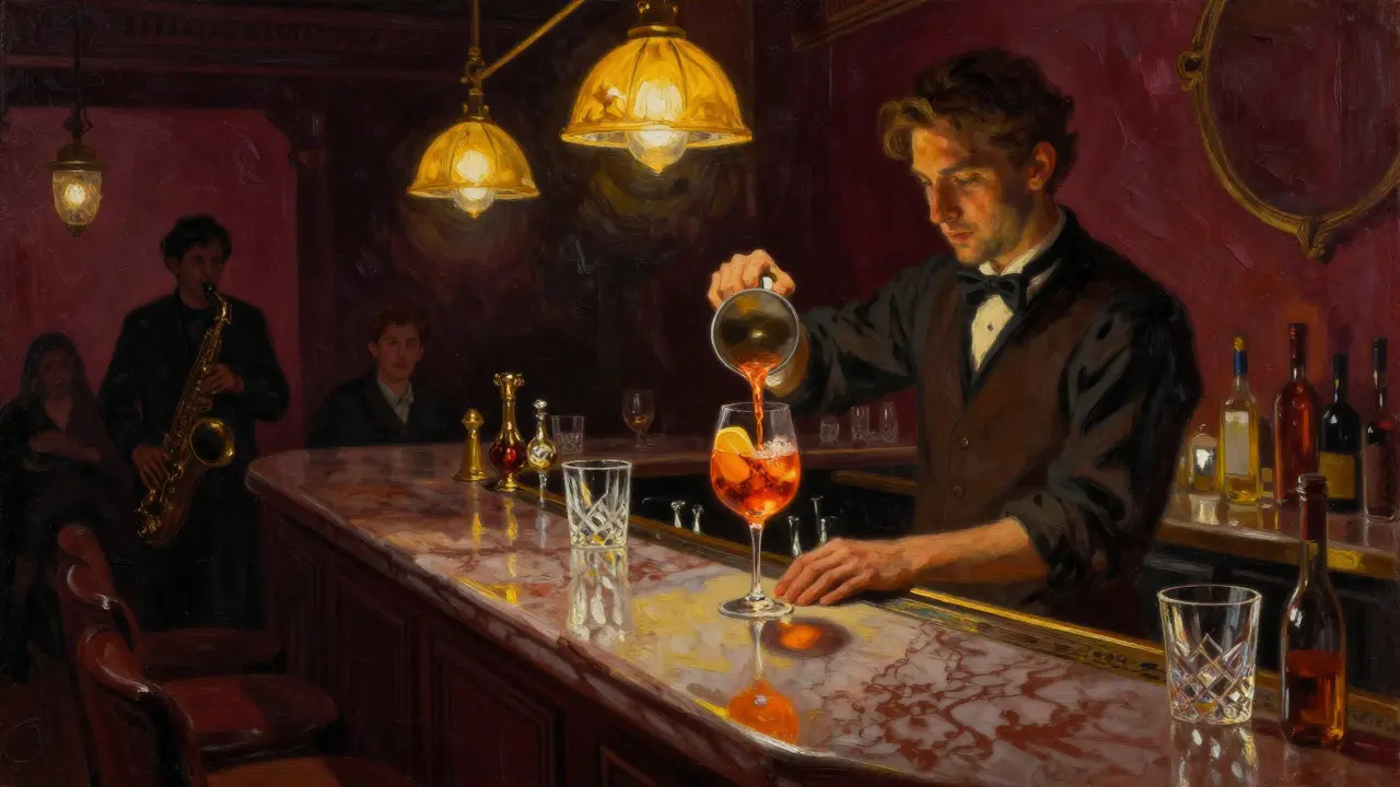 Bar Basso in Brera at night, bartender making a spritz with warm lighting and a saxophone in the background.