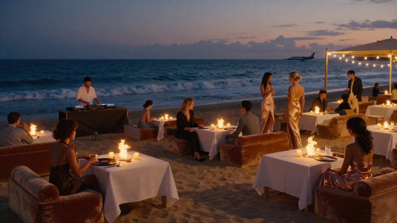 Beach club transformed at night with fire pits, loungers, and ocean waves under soft string lights and starry skies.
