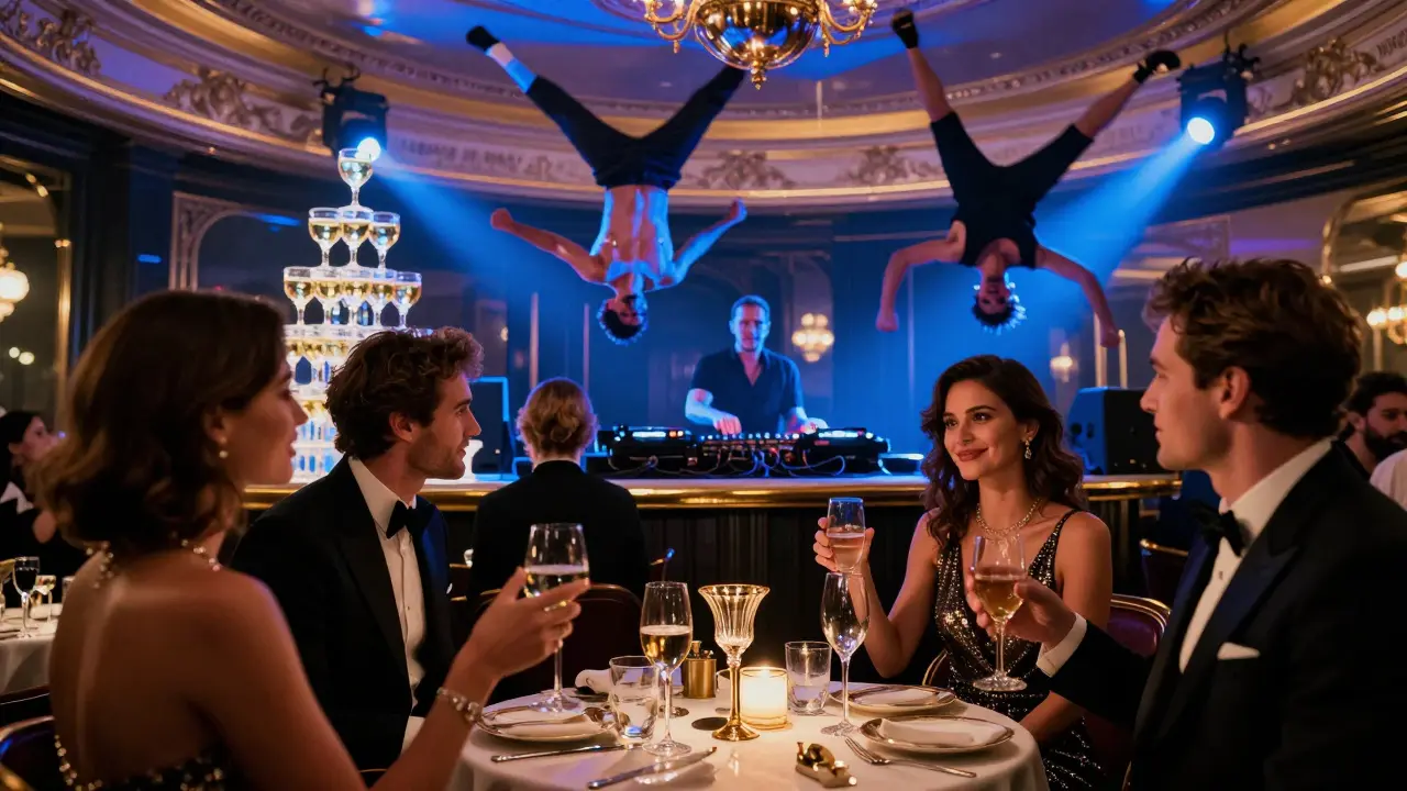 Café de Paris interior with acrobats on ceiling, guests in formal wear clinking champagne glasses under neon lights.