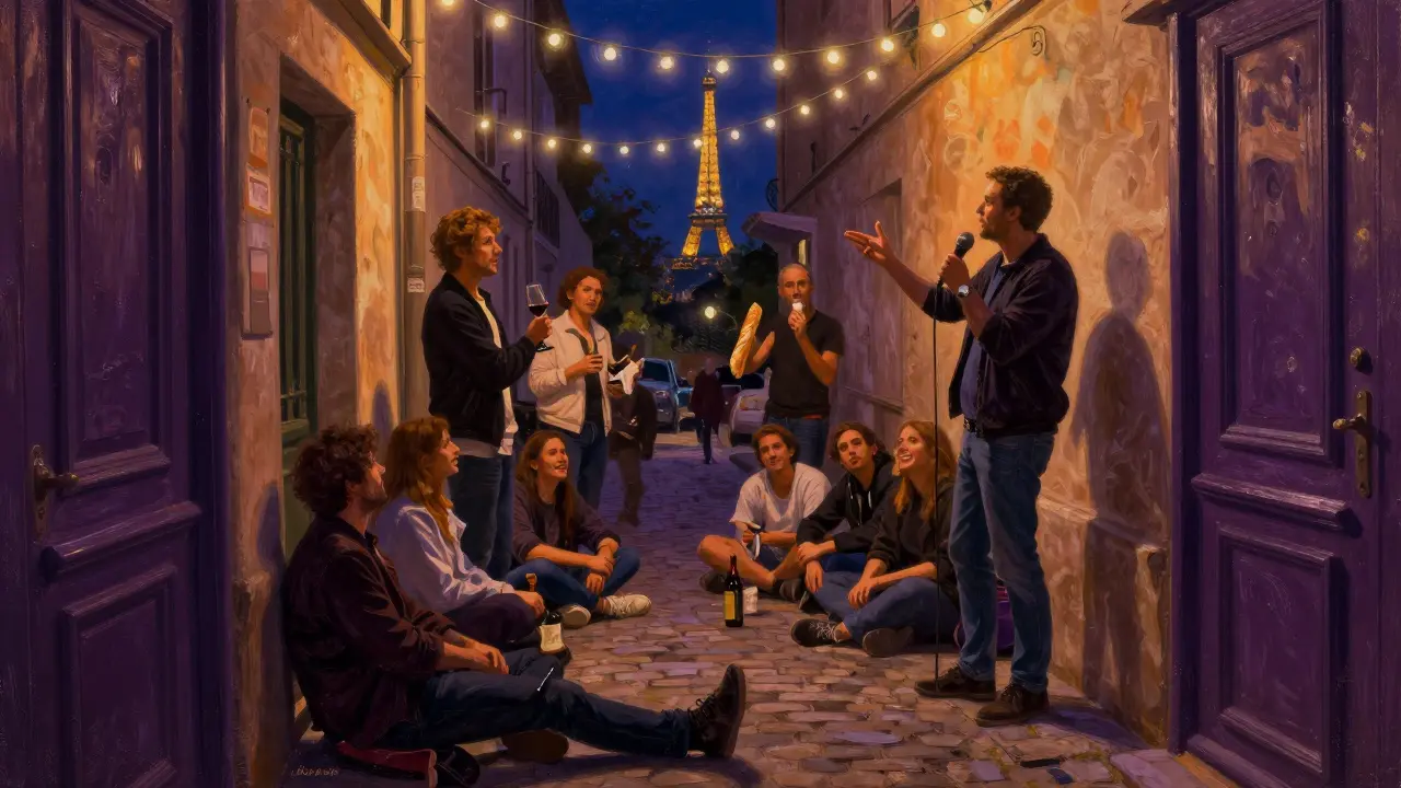 Comedians and audience members celebrating laughter in a dimly lit Paris alley.