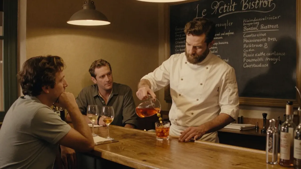 Cozy hidden bar with a chef-bartender pouring a negroni for quiet locals in a warm, intimate setting.