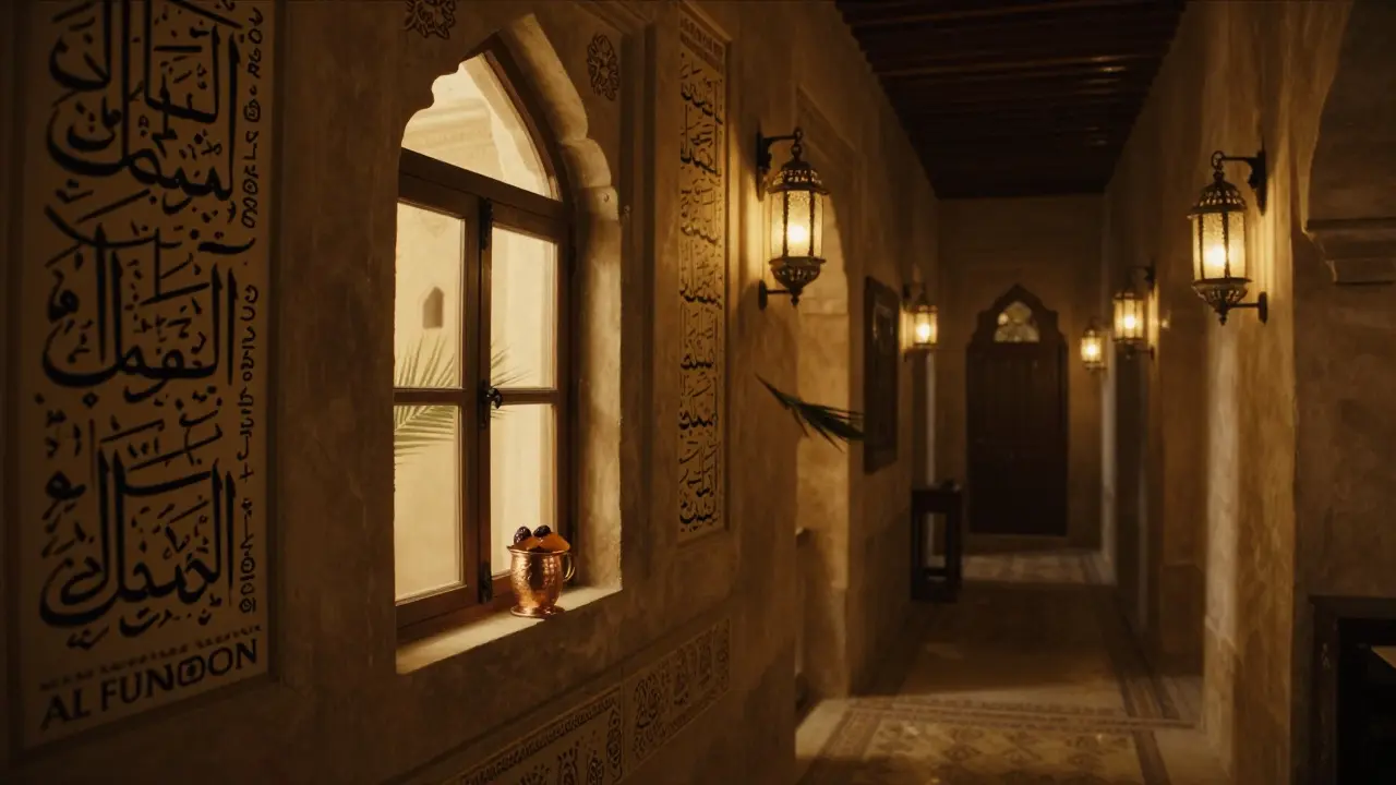 Cozy speakeasy interior at Al Funoon with copper cup, lanterns, and vintage Arabic calligraphy.