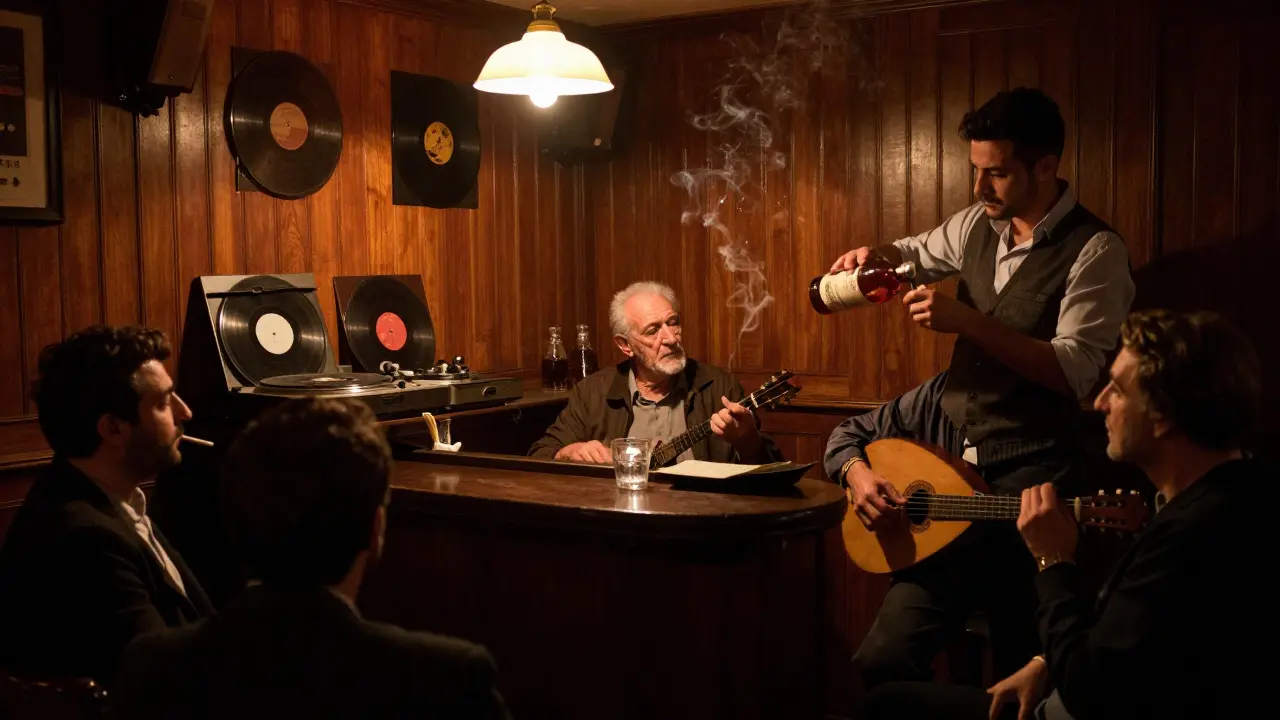 Cozy underground bar with jazz music playing, patrons listening to a bağlama performance in dim light.