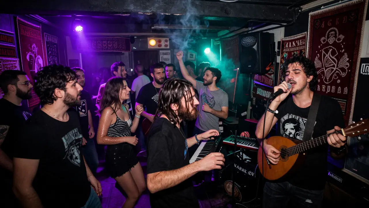 Crowd dancing in a dark basement club with Turkish rock music, glowing strobe lights and incense smoke swirling.