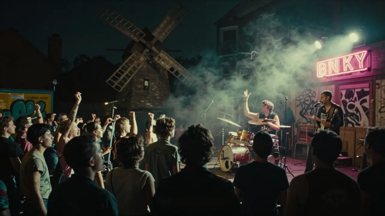 Crowd dancing in front of a live band at The Windmill, graffiti walls and neon signs glowing at midnight.