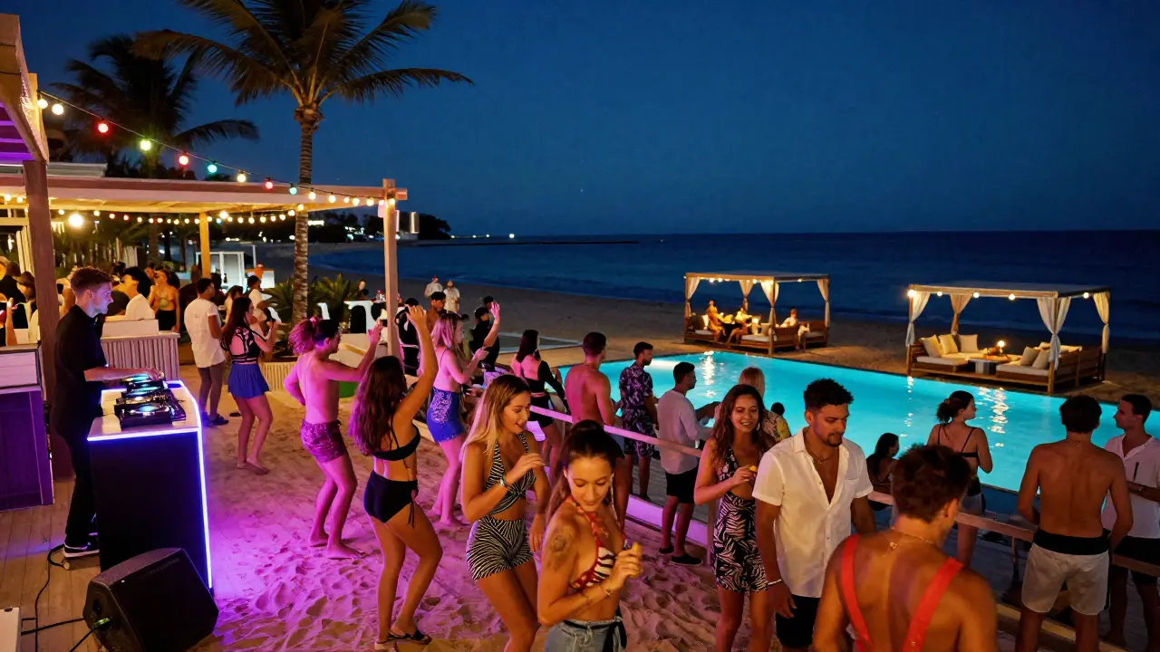 Crowds dancing at Nikki Beach under colorful lights with ocean backdrop and palm trees silhouetted against the night sky.