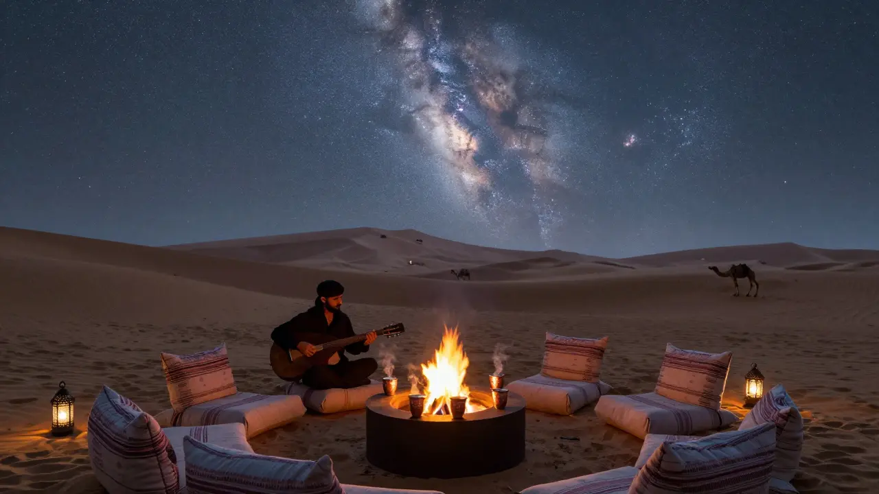 Desert lounge under starry sky with firepit, lanterns, and oud musician silhouette.