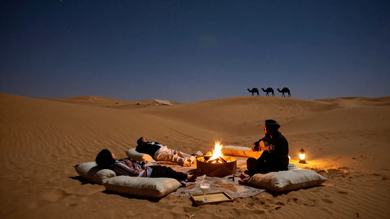 Desert night party under stars with lanterns, firelight, and oud player beside low cushions on golden dunes.