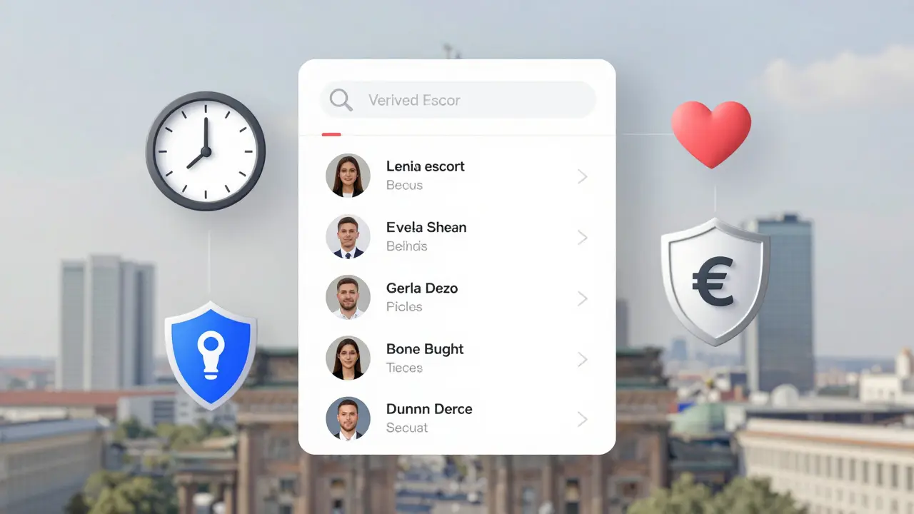 Digital profile interface showing verified escort details with safety and language icons.