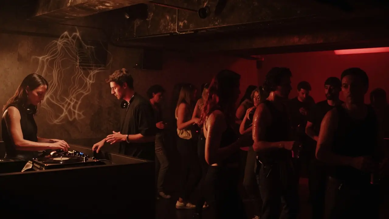 Dim underground club interior with a DJ and small crowd dancing under moody red and amber lights.