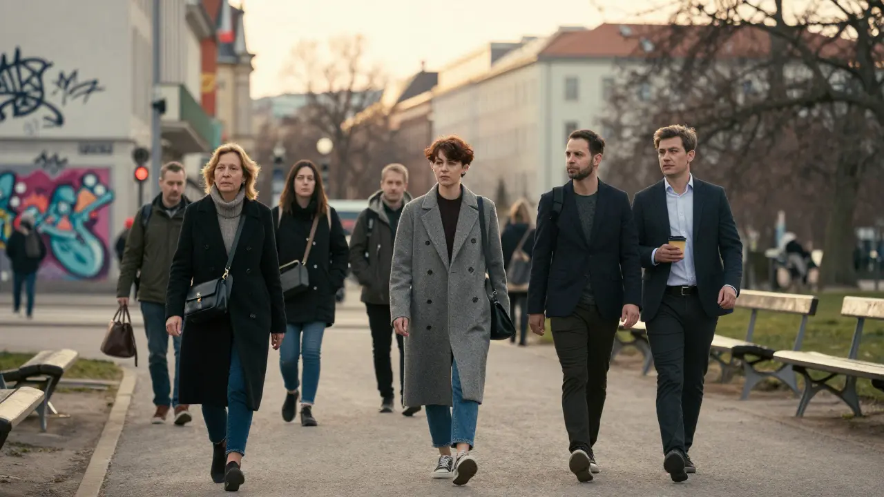 Diverse individuals walk peacefully through Tiergarten Park in Berlin at dusk, each lost in quiet thought.
