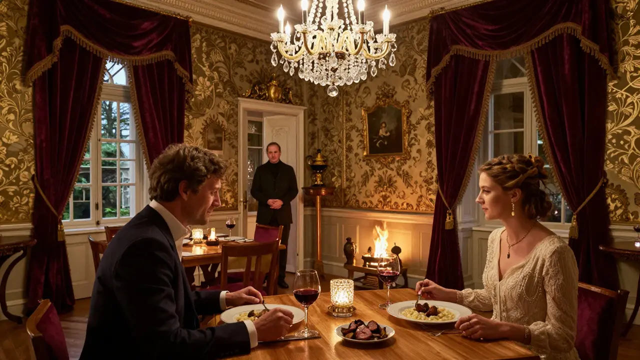 Elegant couple in a historic manor dining under crystal chandeliers with antique decor.