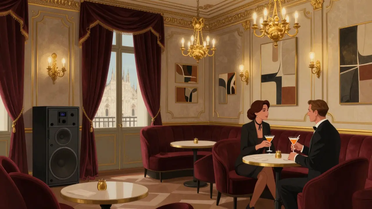 Elegant interior of La Scala Club with velvet furnishings and golden chandeliers, well-dressed guests enjoying cocktails.