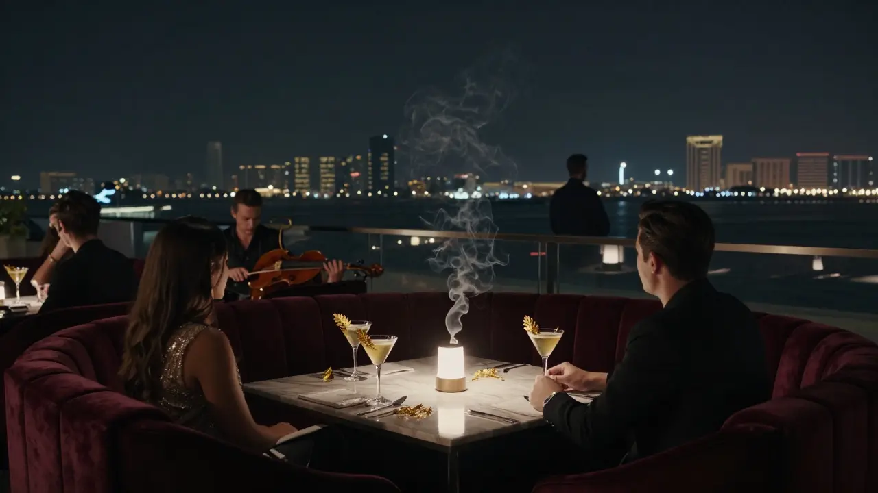 Elegant rooftop lounge with guests sipping cocktails and overlooking Abu Dhabi&#039;s city lights.