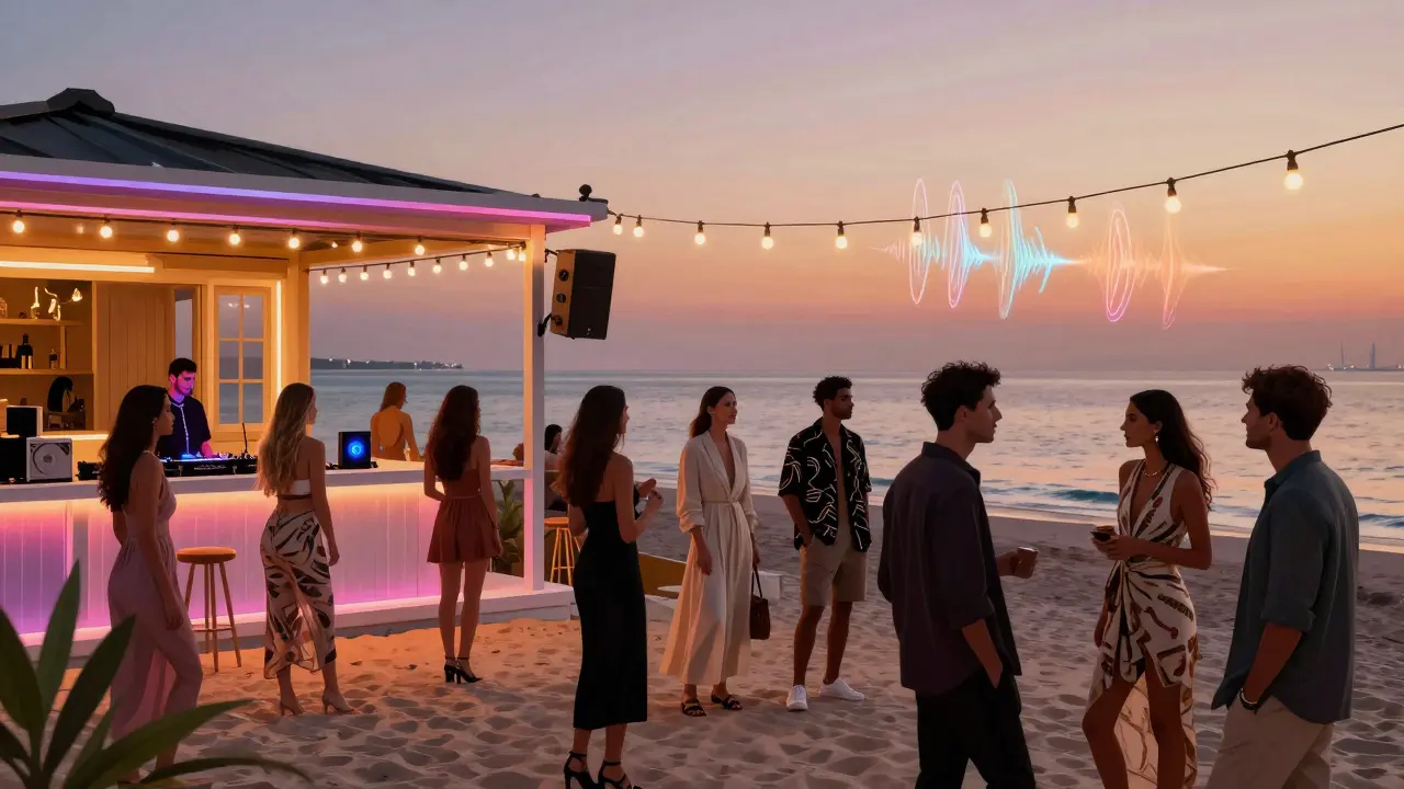 Fashion-forward guests mingling at The Beach House Abu Dhabi with ocean backdrop and ambient twilight lighting.