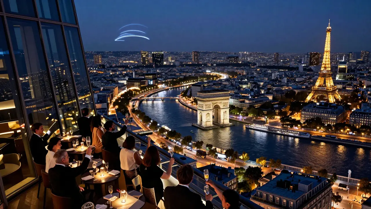 Glass-walled high-rise bar with panoramic view of Paris at night, champagne flutes against glittering city lights.