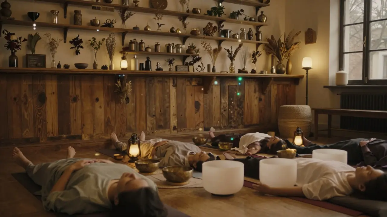 Guests lying in stillness during a sound bath at The Lantern Room, surrounded by dried herbs and glowing lanterns.