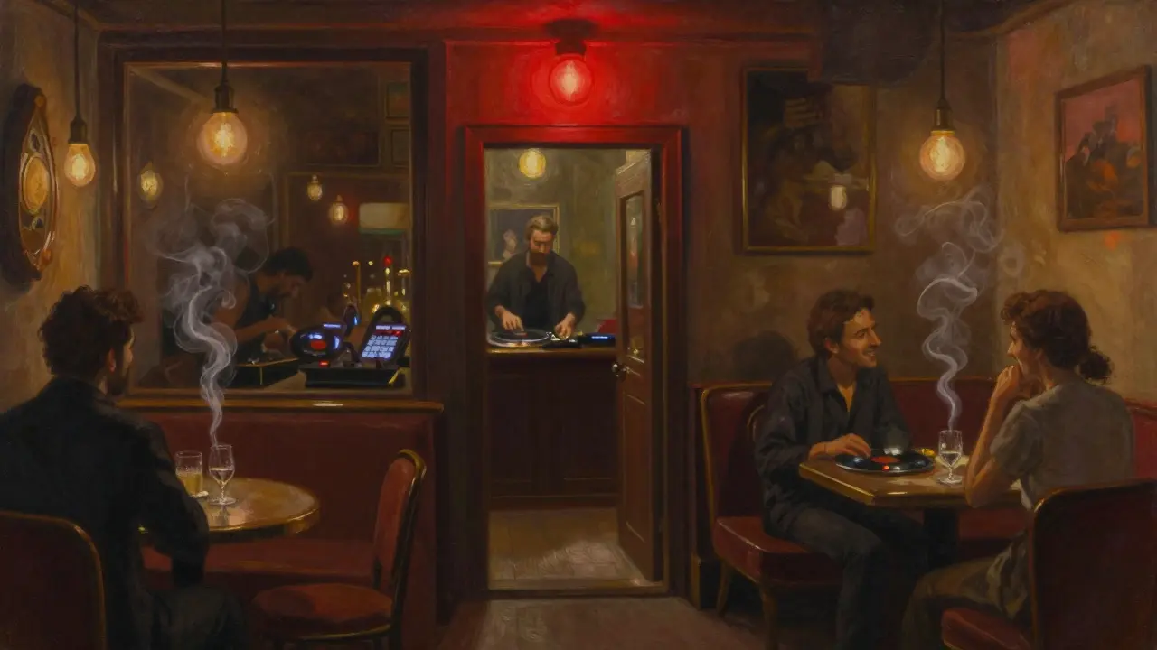 Hidden speakeasy Arkaoda with a red light above a doorway, dim interior, and patrons in casual attire.