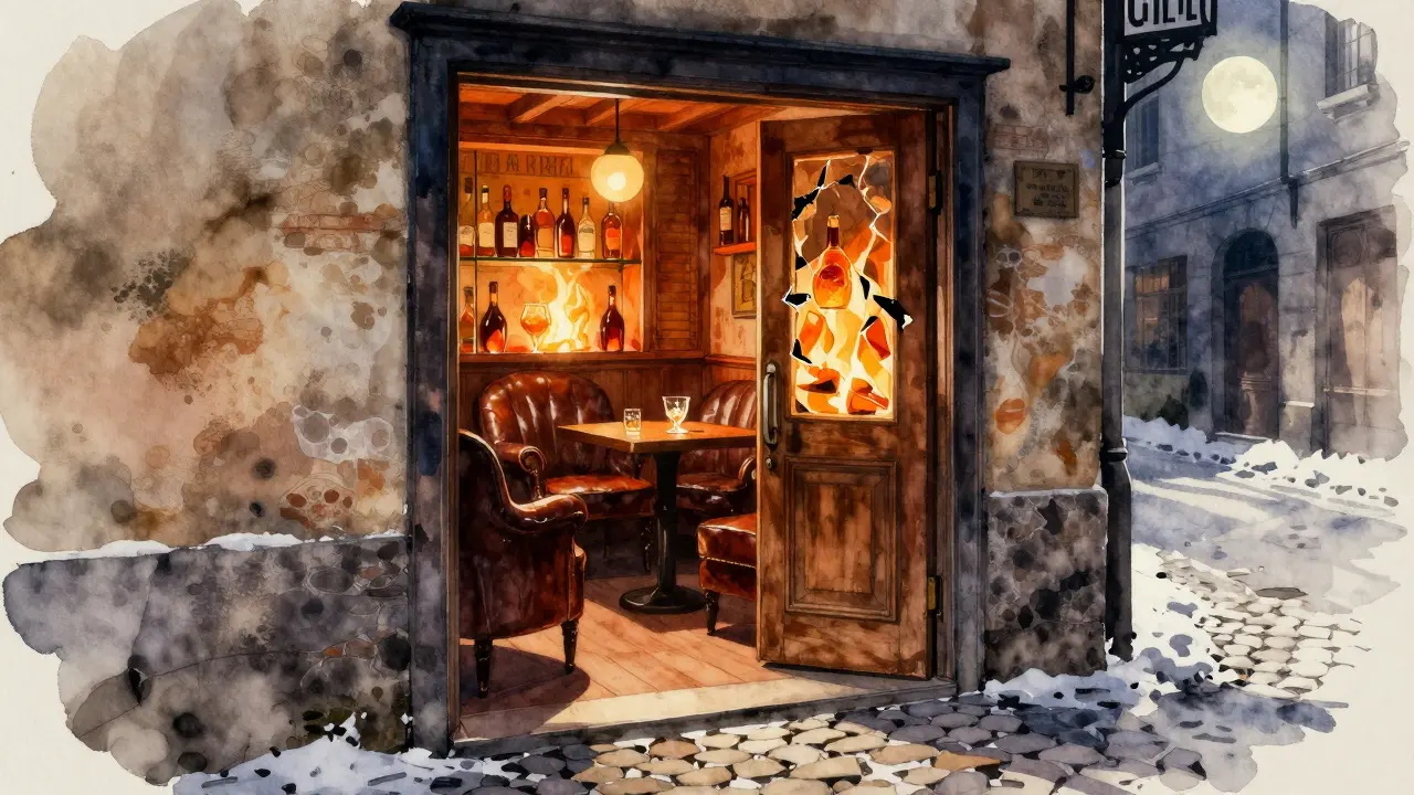 Hidden speakeasy behind a refrigerator door, warm firelight glowing inside a quiet Milanese bar.