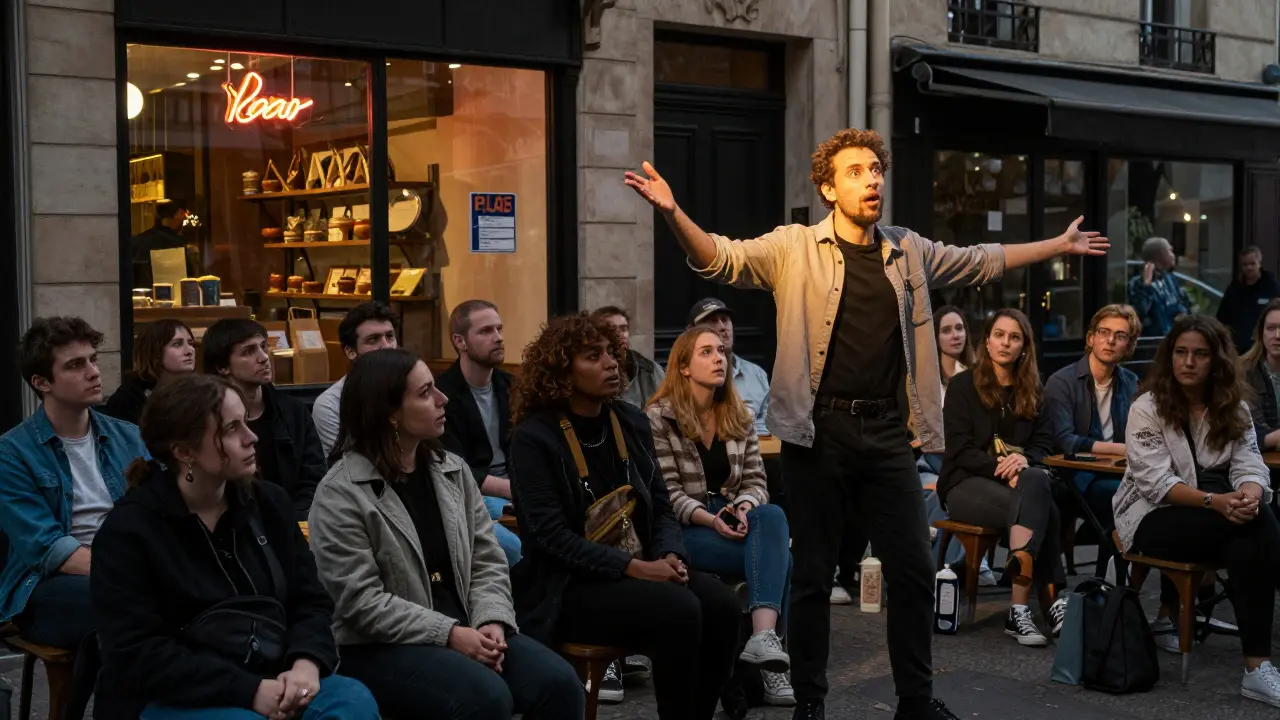 Improv performers frozen mid-scene in a tiny theater above a bakery.