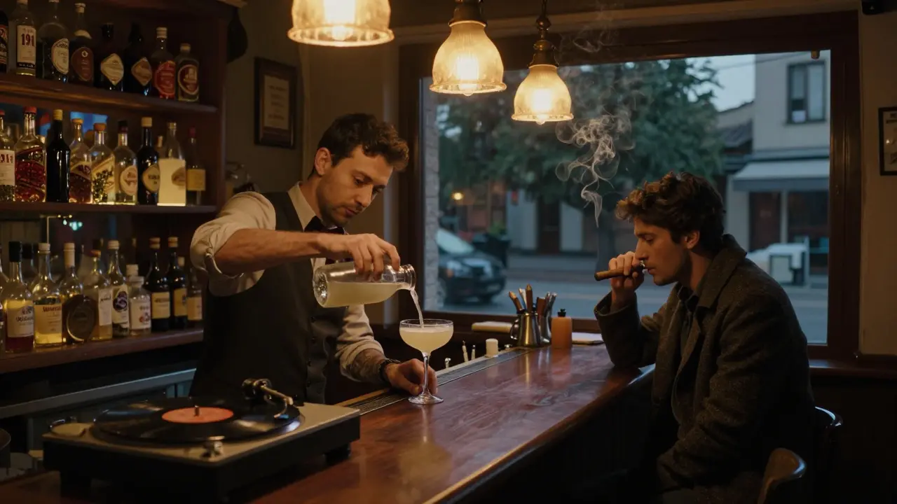 Intimate bar scene with a mixologist pouring a herbal cocktail in soft vintage lighting.
