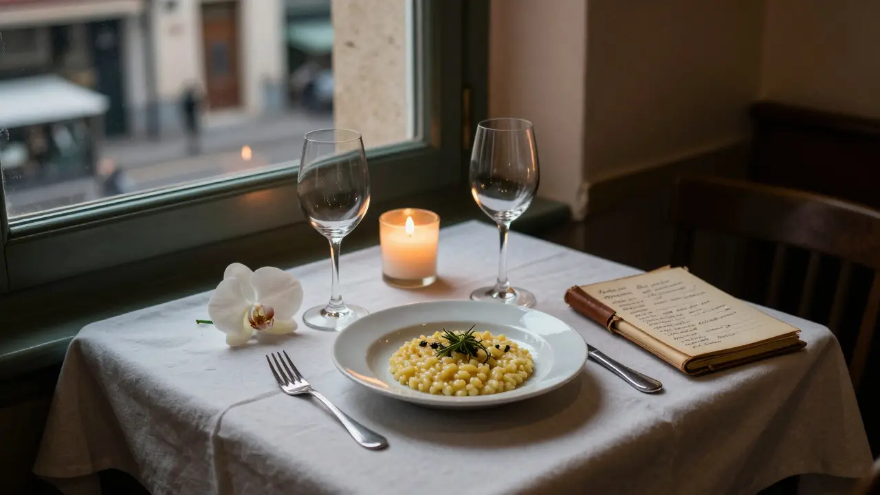 Intimate dinner at a Milanese restaurant with orchid and notebook on the table.